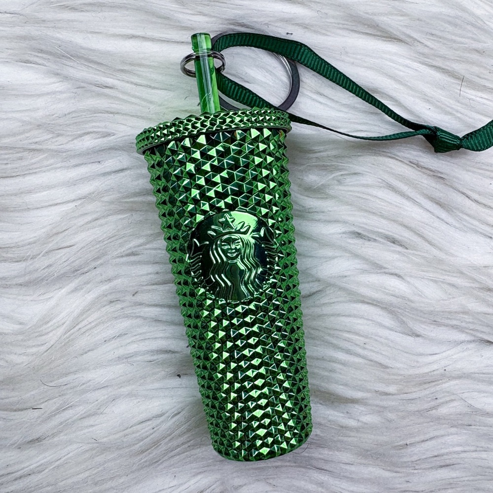 Starbucks 2023 Holiday Studded Ornament Keychain Chrome Metallic Green NEW